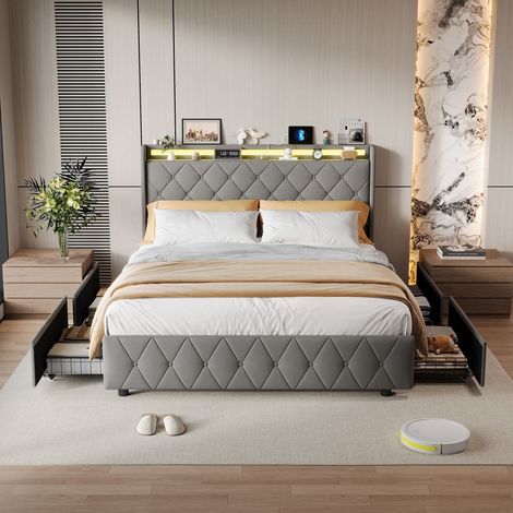 lit 140x200 cm, lit 140x200 avec 4 tiroirs, lit double, lit adulte, LED réglable, Chargement USB, cadre de lit, velours, Gris (1/5)