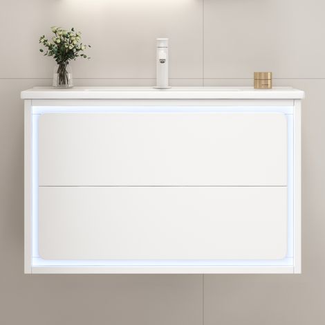 Mueble de baño suspendido 76 x 46 x 48,5 cm, MDF blanco y almacenaje moderno FloraGrace (1/5)
