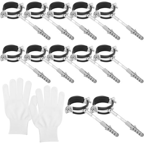 12 Pack 50mm Hose Clamps + Dowels + Double Thread Screw and 1 Work Glove Hose Holder Rubber Insert with Work Gloves for Water Pipes, Air Pipes (1/5)