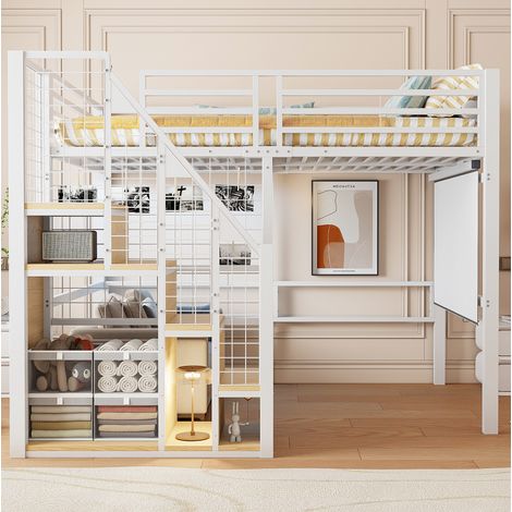 DESVIAE Lit mezzanine 140 x 200 avec escalier sécurisé rangement intégré tringle de suspension espace sous lit métal blanc (1/5)