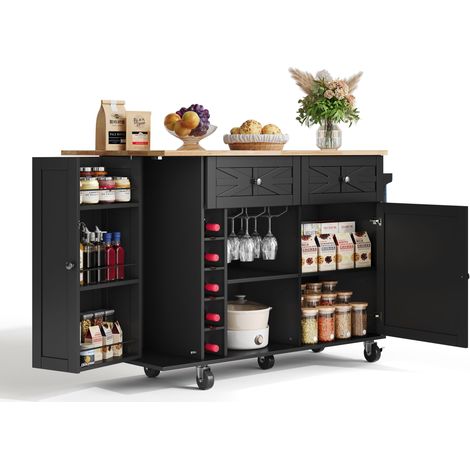 Carrello da Cucina con 1 Anta, 2 Cassetti, Piano Pieghevole, Portabottiglie e Portacalici, in MDF, 120 x 45 x 89 cm, Nero (1/5)