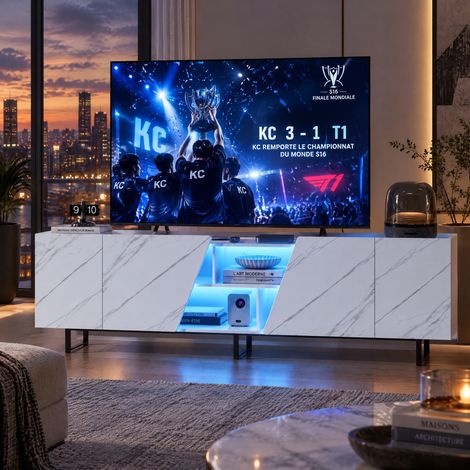 JOOKGBD - Meuble TV LED 220 cm,Banc TV,Armoire e TéLéVision,Meuble TéLé de Salon,Banc TV Moderne en Bois avec Rangement,Armoire Basse Salle de SéJour IntéRieur,Meuble Salon,Base métallique,Blanc (1/5)