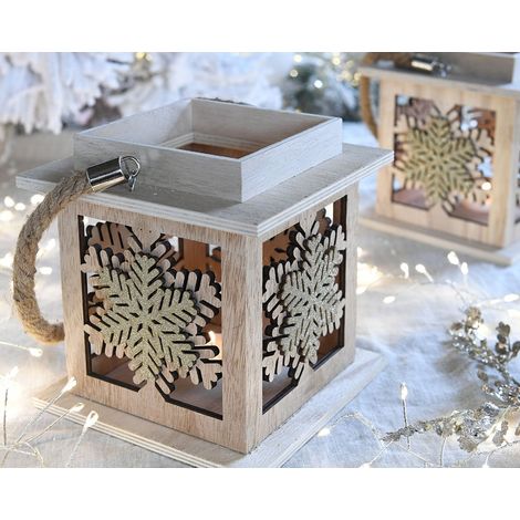 Décoration de Noël lanterne en bois flocon de neige à poser 16 cm (1/2)