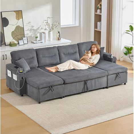 Canapé 4 places avec 2 chaises longues, rangement, porte-gobelets, USB Type-C, velours côtelé gris (1/5)