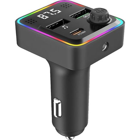 Cargador para coche con transmisor FM Bluetooth 5.3,Carga rápida PD30W USB-C + QC3.0,Iluminación ambiental de 7 colores,Puertos USB duales (1/5)