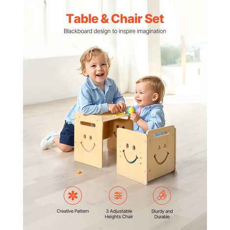 Ensemble Table et Chaises pour Diversification Alimentaire Enfants, Mobilier pour DME en Bois avec Tableau Noir, Table de Sevrage à Hauteur Réglable, pour Dessiner, Lire, Manger, Tout-petits (1/5)