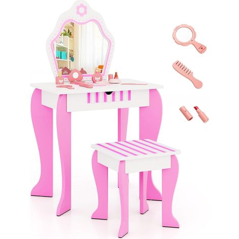 Coiffeuse pour Enfant avec Tabouret, Miroir Amovible et tiroir, Coiffeuse de avec Accessoires (1/4)