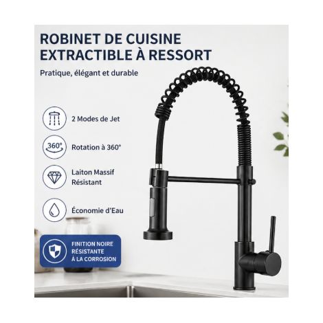 Robinet de cuisine noir 360° – Mitigeur monocommande – Bec flexible en laiton – Installation rapide – 44 x 25 cm (1/3)