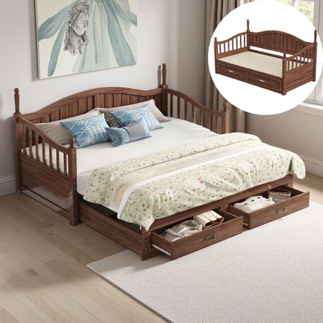 Letto estraibile 90x190/180x190 cm, divano letto matrimoniale con schienale e braccioli curvi, 2 cassetti e rete a doghe, letto in legno multifunzionale - Noce