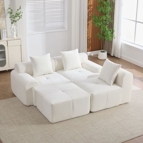 Canapé nuage moderne avec pouf, canapé d’angle modulaire en L sans armature, beige, canapé 3 places en mousse à mémoire de forme compressée, sans montage – dimensions: 268×102×78 cm (1/5)