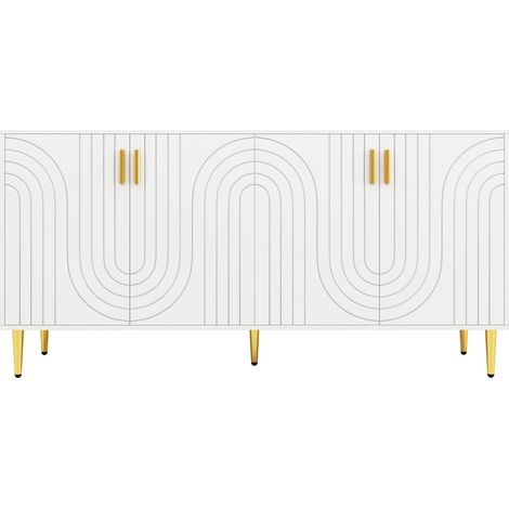 Buffet élégant blanc 152x40x75 cm, motif ondulé exclusif, poignées et pieds dorés, parfait pour salle à manger raffinée.