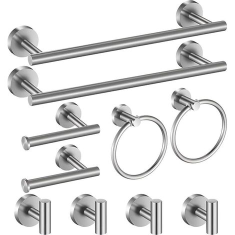 10-piece bathroom accessory set, 2 towel bars, 2 toilet paper holders, 2 towel rings, 4 robe hooks, stainless steel, screw fixing (thin (1/4)
