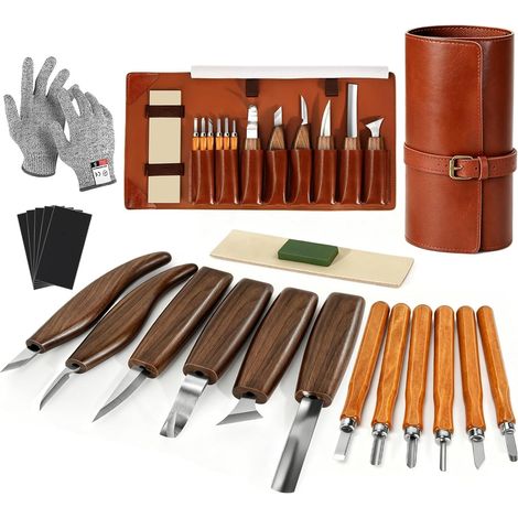 Lot de 17 couteaux pour sculpture sur bois, outils pour sculpture sur bois, avec étui, sécurité gants, pierre de polissage, aiguisage, outils de sculpture sur bois pour bricolage débutant
