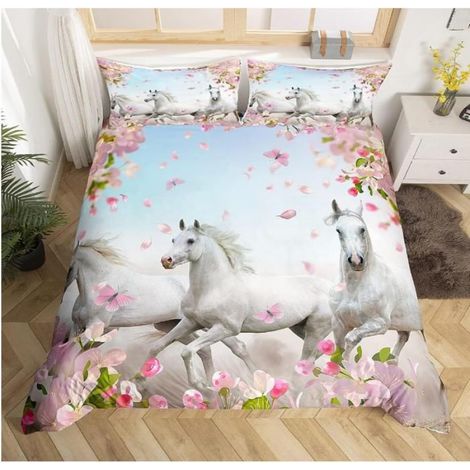 1 Parure de lit 90x190cm Housse de couette Microfibre Motif cheval floral 3D Fermeture éclair Taies d'oreiller Chambre adulte enfant (1/3)