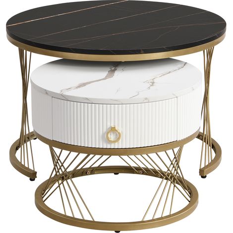 ELVMI Satztische Couchtisch mit 1 Schublade und verstellbaren Füßen, Marmoroptik für Wohnzimmer, MDF, Schwarz (1/5)