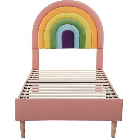 Letto capitonné 90x200 cm in velluto rosa con rete a doghe e testiera regolabile (1/5)