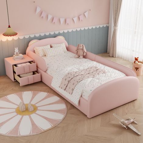 Kinderbett 90x200 Rosa mit Nachttisch und Schublade, Polsterbett für Mädchen mit niedlichem Bären-Kopfteil und weichem Stoßschutz (1/5)