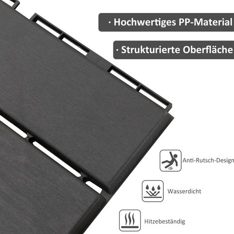 Dalles de terrasse clipsables 30x30 cm, lot de 9 pièces (0,81 m²), revêtement de sol pour balcon avec système d'emboîtement, drainage intégré, carrelage extérieur noir