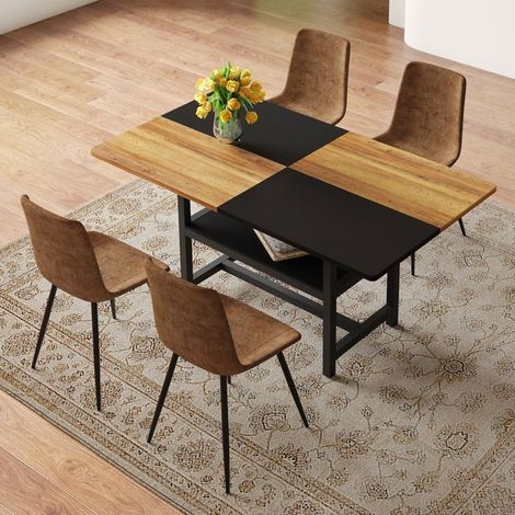 Table et Chaises de Salle à Manger 160 cm Rectangulaire 4 Chaises Marron Rangement Multifonction Revêtement Tissu Technique (1/5)