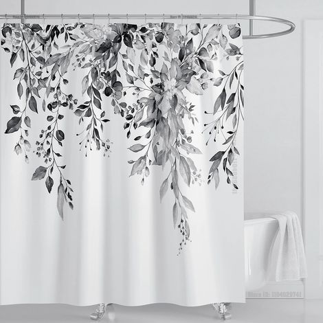 Filiyano-Rideau de douche en eucalyptus vert émeraude, motif de feuilles entrelacées et fleurs, avec crochets, L 150 x H 180 cm
