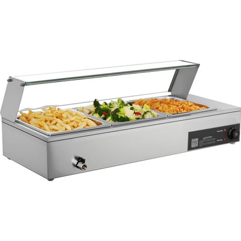 Chauffe-Plat Commercial 1500W, Acier Inoxydable avec Couvercle en Verre, Bain-Marie 3 Plats 1/2, pour Restauration et Buffets (1/5)