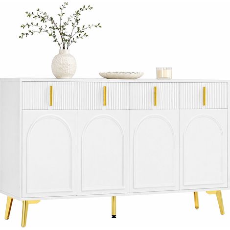 Credenza moderna bianca in MDF con 4 ante e 4 cassetti, ripiani interni regolabili, dettagli oro e design curvo, 140 x 38 x 82 cm, per soggiorno e sala da pranzo - CHICFURN (1/5)