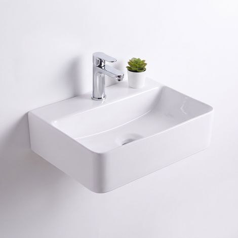 Relaxdays Waschbecken, HxBxT: 11 x 37 x 27 cm, mit Hahnloch, ohne Überlauf, Keramik, Lotuseffekt, Hängewaschbecken, weiß (1/5)