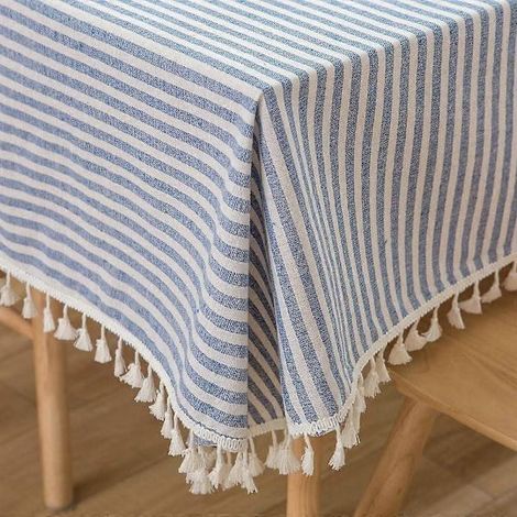 Nappe rectangulaire en coton et lin à rayures et pompons, anti-poussière, pour cuisine et salle à manger (140 cm x 180 cm, bleue) (1/5)