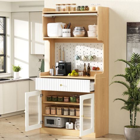 Armoire haute avec étagères réglables et tiroirs — Un meuble de rangement de cuisine équipé d'un éclairage LED et de verre cannelé  adapté pour la salle à manger, le salon ou la cuisine (Finition bois (1/4)