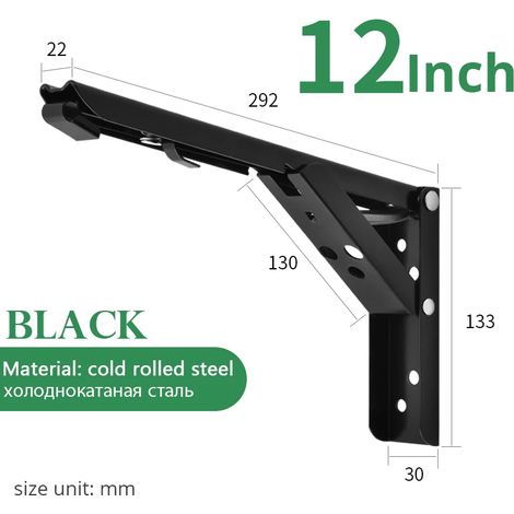 (Noir 30 cm - Pologne) 2 supports d'étagère triangulaires pliables en acier inoxydable, réglables, à fixer au mur, pour banc ou table. (1/5)