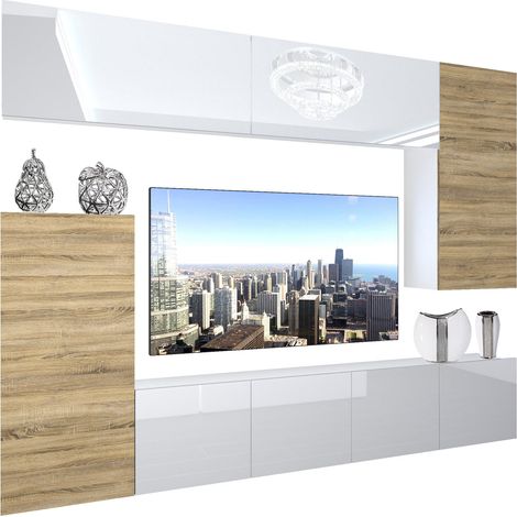 BELINI - Unité Murale TV NEX I Ensemble Muebles de Salon Complet I Ensemble Meuble TV avec Illumination LED I Dimensions: 250 x 180 x 36 cm I Coleur: Blanc très Brillant/chêne Sonoma 2 (1/5)