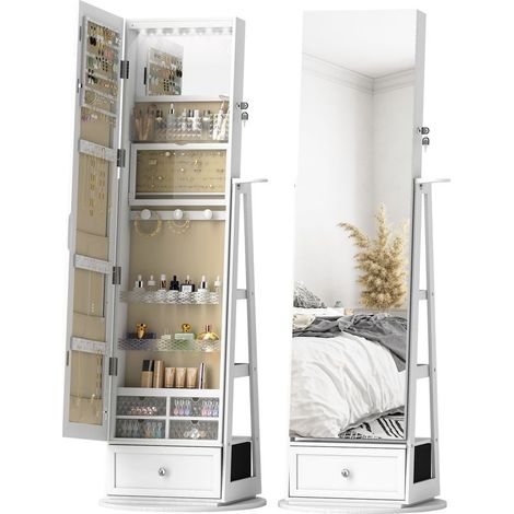 Miroir à bijoux avec éclairage LED, armoire à bijoux avec miroir pivotant à 360°, tiroir, serrure, blanc (1/5)