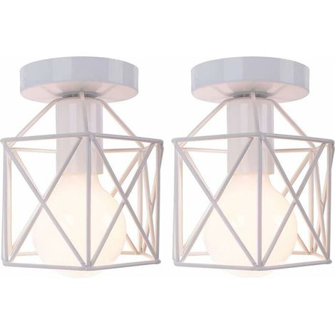 Retro Plafonnier Industrielle en Métal Carré Fer, Suspension Cage Cube Luminaire E27 pour Salon Chambre Café Bar Restaurent Entrée Couloir (Lot de 2 Blanc)