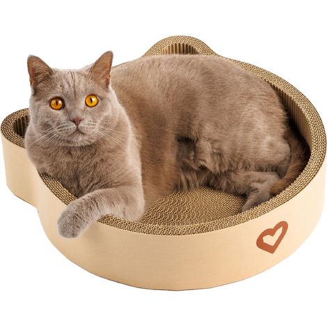 Panier pour chat pour dormir, gratter et jouer Griffoir durable en carton ondulé en forme de tête de chat moderne Jouet 3 en 1 pour chat, griffoir et espace de (1/5)