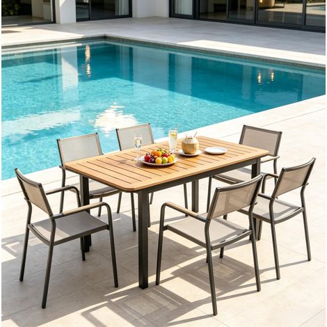 Table de jardin 127 x 70 x 75 cm, plateau aspect bois, structure métal, marron HAVRYA (1/5)