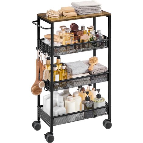 Homevive Carrito de Cocina Móvil de 4 Niveles con Encimera de Madera Ganchos Asa Carro de Almacenaje para Baño Salón Marrón Rústico