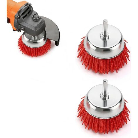 2 Pièces Brosse Nylon Perceuse, Rouge Brosses Nylon Circulaire, Boliforme Brosse pour Meuleuse D'angle Ø 75 mm, Brosses Fil Abrasif avec Tige Ø 6 mm, pour Enlever Bavures, Rouille et Peinture (1/5)