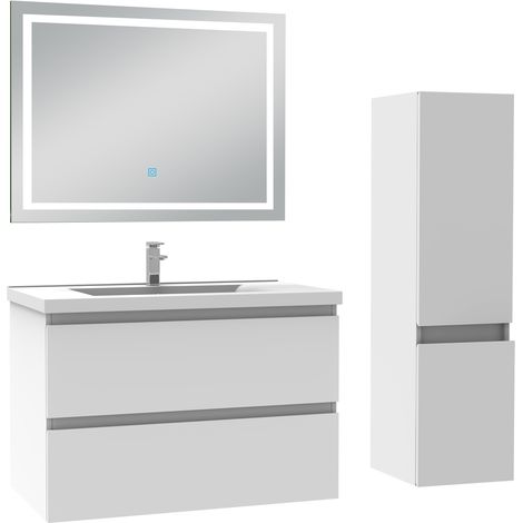 Ensemble meuble de salle de bain 80cm, vasque céramique + colonne + LED miroir mural, blanc