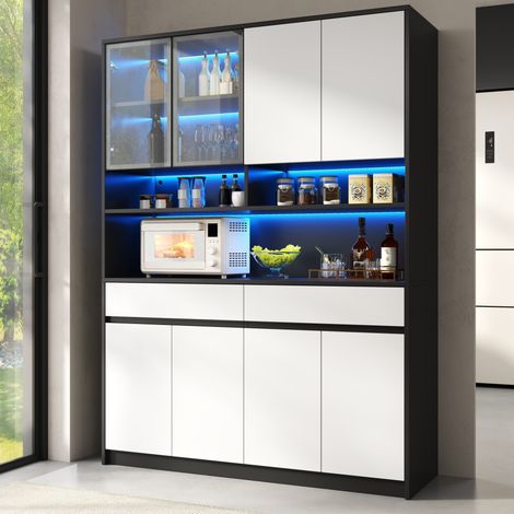Credenza alta 120x38x160 cm con illuminazione a LED, 4 ante, 2 cassetti, ripiani a giorno, MDF - bianco e nero (1/5)