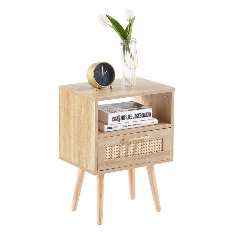 Rattan-Beistelltisch mit Schublade und Massivholzbeinen, moderner Nachttisch, Beistelltisch für Wohnzimmer, Schlafzimmer, Naturholzoptik