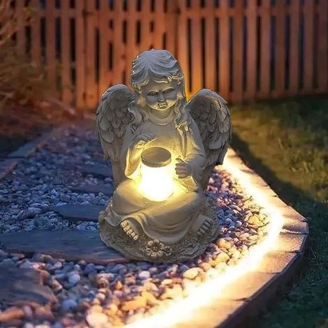Statuette Ange Fée avec Lumière Solaire - - Décoration de Jardin - Blanc