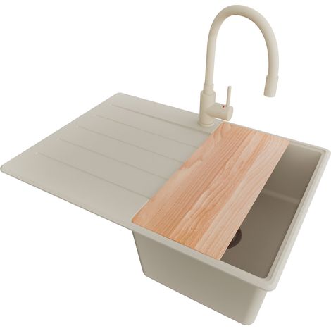 PRIMAGRAN Evier Cuisine en Granit 70x50cm, Lavabo 1 bac + Robinet 38x14cm + Kit de Vidage + Accessoire, Évier à Encastrer au meuble 40cm - Copenhague, Beige (1/5)