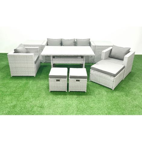 Fimous Gartenmöbel-Set aus Rattan mit Sofa Esstisch 2 Sesseln 3 Fußhockern 2 Beistelltischen Hellgrau gemischt (1/4)