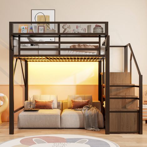 Lit mezzanine 140x200 cm – LED, 140 cm sous lit, étagère, noir – pour ado/studio – matelas non inclus (3 colis) (1/5)