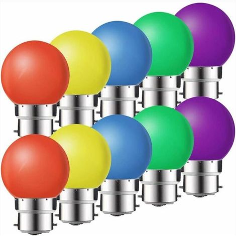 Lot de 10 ampoules LED B22 2W ,ampoule écoénergétique colorée Couleur,Ampoule de Noël,Ampoules Guirlande Rouge, Jaune, Bleu, Vert, Violet, (équivalent 20W) [Classe énergétique G] (1/3)