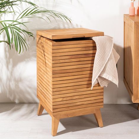 Wanda Collection – Bac à linge en teck 80L – Dimensions 40x70x40 cm – Design épuré avec lignes horizontales – Meuble de buanderie compact (1/5)