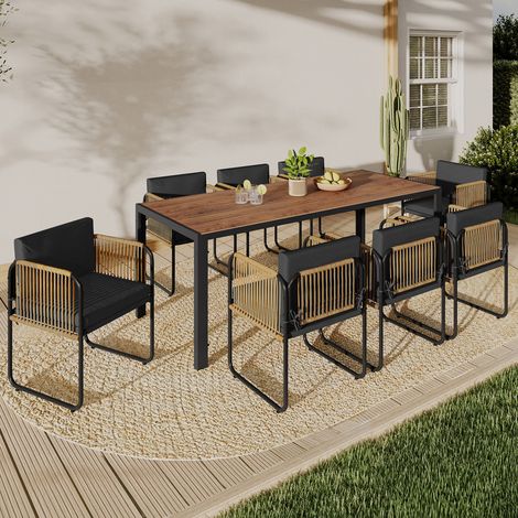 Conjunto de muebles de jardín RIO 190cm mesa y 8 sillas estructura de metal negro, cordón efecto ratán claro y cojines negros