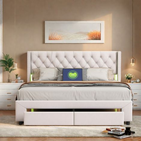 Lit double rembourré LED, 160 x 200 cm, avec coffre hydraulique, lit double avec tiroirs, cadre de lit avec sommier à lattes, velours, beige (livraison locale, garantie 2 ans) (1/5)