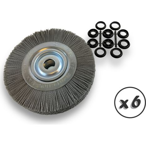 Lot de 6 brosses circulaires NYLON Abrasif Ø 250 mm Epaisseur 3 rangs Carbure de silicium Grain 120 Alésage 32 mm + réducteur bague 25/22/20/16/12 mm Touret ponceuse Kibros 231253KR120x6 (1/5)
