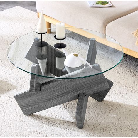 Mesa de centro redonda de 79 cm en MDF y vidrio, tablero transparente, base gris DESVIAE (1/5)